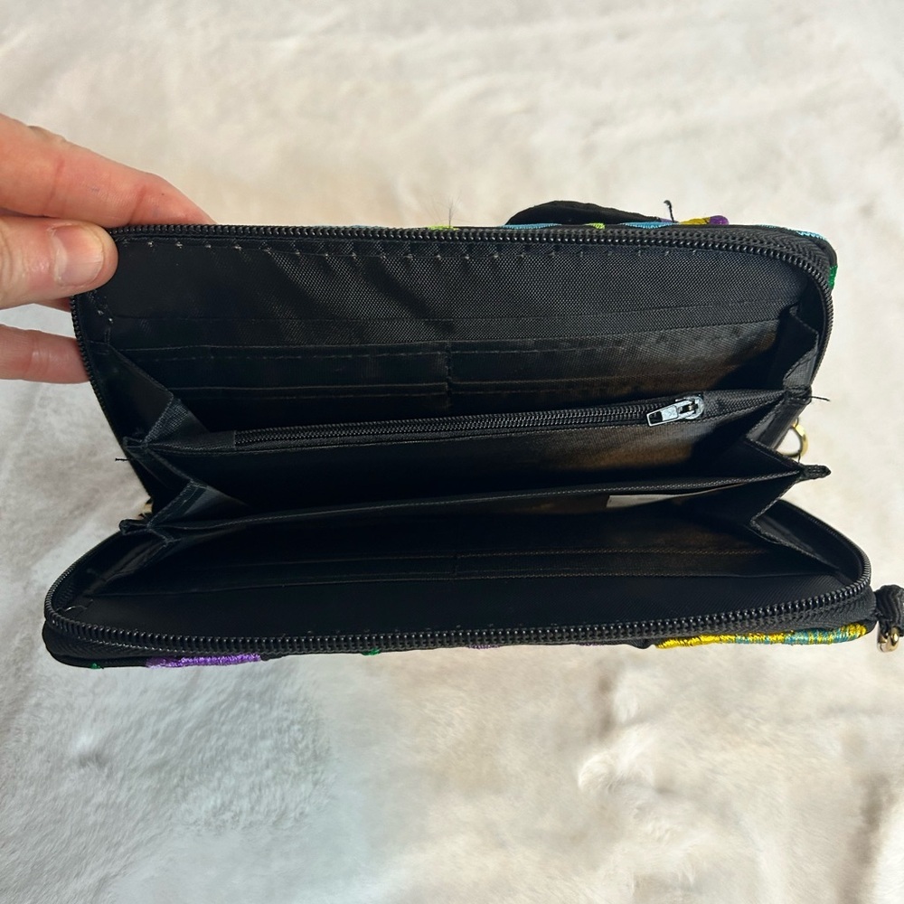 Embroidered Parrot Floral Black Zip Wallet Boho Colorful Coin Purse Clutch - Picture 6 of 6